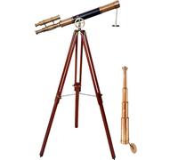 Antique Brass Finish Double Barrel Telescope Leather with Free Copper Telescope Combo W/Wooden Brown Tripod Solid Wooden