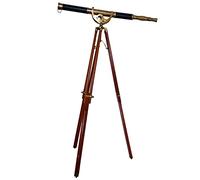 Antique Brass Finish Telescope Single Barrel Brown Wooden Floor Standing Tripod half Black Leather coverd tube Vintage High Magnification Telescope.