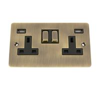 Antique Brass Flat USB Socket 2 Gang Black Insert Metal Rocker Switch (2100mA)