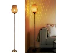 Antique Brass Floor Lamp with Bamboo Shade - Boho Style Rustic Farmhouse Standing Light with Foot Switch for Living Room, Bedroom, Office, Study