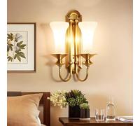 Antique Brass Horn Shape Frosted Glass Wall Mount Lamp, d 2 Heads Retro Sconce, Modern Farmhouse Art Deco Indoor Lighting for Bedroom Corridor Living Room