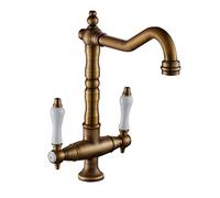 Antique Brass Kitchen Faucet - 360° Rotatable Sink Mixer Tap with Aerator Deck Mounted Double Handle Retro White Ceramic Design for Stylish Kitchens