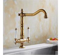 Antique Brass Kitchen Faucet - Double Handle Deck-Mounted Mixer Tap, Flexible Hot & Cold Water Mixer for Modern & Vinta Kitchens, & Slish Design