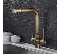 Antique Brass Kitchen Faucet with 3 Way Pure Water Filter and 360° Rotation Retro Design Deck Mounted Mixer Tap for Kitchen Sink Includes Spray Head and Aerator LWX