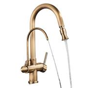 Antique Brass Kitchen Faucet with Dual Handles, 2 Swivel Spouts, Bridge Mount Water Purification Tap for Enhanced Filtration, Stylish and Functional Design
