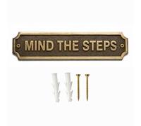 Antique Brass Mind The Steps Plaque - Cast Metal Raised Letter Safety Warning Sign, 22 x 5 cm, Indoor Outdoor Door Wall Stairway Entrance Garden Gate Hotel Office Sign