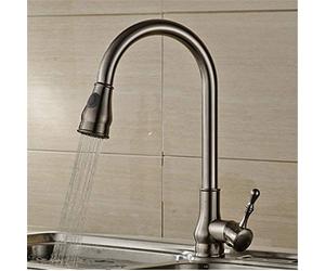 Antique Brass Pull Down Kitchen Faucet 360° Swivel Hot & Cold Water Mixer Retro Style Single Handle Tap with Spray Head Brushed Nickel Finish for Modern Kitchens