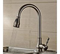 Antique Brass Pull Down Kitchen Faucet, 360° Swivel Mixer Tap with Hot & Cold Water, Retro Single Handle Spray Head, Brushed Nickel Finish, Ideal for Modern Kitchens