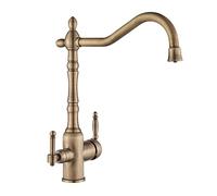 Antique Brass Pull-Faucet, 360° Swivel, High Arc, Dual Handle, Hot & Cold Water, Deck-Mount, Pure Drinking Water Tap for Modern Kitchens