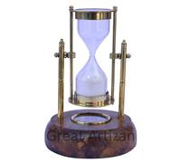 Antique Brass Sand Timer With Compass, Vintage Look Decorative Brass 5.25 Inches Rotating Hourglass with White Sand and Wooden Base. Antique Brass Hourglass.