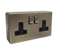 Antique Brass Screwless Double Socket & Black Surface Pattress Back Box