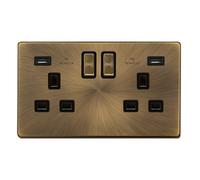 Antique Brass Screwless Plate 2 Gang 13A Dp Ingot 2 Usb Twin Double Switched Plug Socket - Black Trim - Se Home