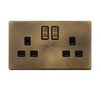 Antique Brass Screwless Plate 2 Gang 13A Dp Ingot Twin Double Switched Plug Socket - Black Trim - Se Home