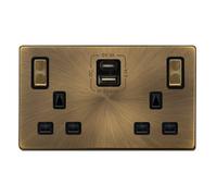 Antique Brass Screwless Plate 2 Gang 13A Dp Ingot Type A & C Usb Twin Double Switched Plug Socket - Black Trim - Se Home