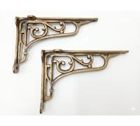 Antique Brass Scroll Shelf Bracket, Cast Iron, Victorian Style, 9x6 Inches, Set of 2