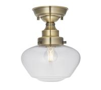 Antique Brass Semi Flush Ceiling Light Fitting & Clear Glass Shade Low Profile
