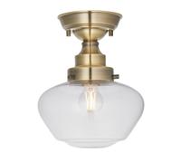 Antique Brass Semi Flush Ceiling Light Fitting & Clear Glass Shade Low Profile