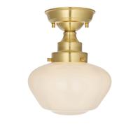 Antique Brass Semi Flush Ceiling Light Fitting & Opal Glass Shade Low Profile