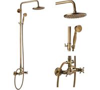 Antique Brass Shower Faucet Set - Brushed Gold Finish with 8 Inch Rainfall Shower Head and Handheld Spray with Cross Handle