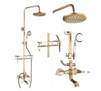 Antique Brass Shower Faucets Set Wall Mount Kit Dual Knobs Mixer Tap Handheld Spray Bathtub(F with Shelf)