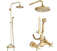 Antique Brass Shower Faucets Set Wall Mount Retro Kit Dual Knobs Mixer Tap Handheld Spray Bathtub