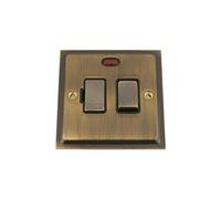 Antique Brass Slimline/Elegance Fused Spur Switch with Neon 13Amp Black Insert Metal Rocker Switch
