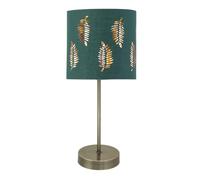 Antique Brass Stick Table Lamp with Dark Green Fern Cut Out Shade