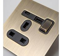 Antique Brass Straight Knurled Switches and Sockets (Single 13A socket with USB A & C)
