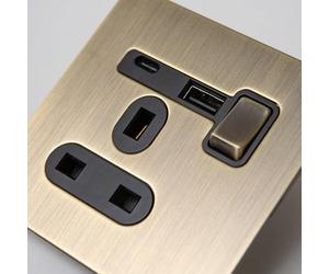 Antique Brass Straight Knurled Switches and Sockets (Single 13A socket with USB A & C)