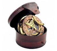 Antique Brass Sundial Compass with Elegant Leather Case