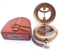 Antique Brass Sundial Compass with Leather Case & Chain - Handmade Nautical Vintage Maritime Pocket Compass, Collectible Gift for Explorers & Mariners,