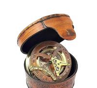 Antique Brass Sundial Compass with Leather Case - Vintage Nautical Compass and Sundial Clock, Decorative Collectible Gift for Mariners and Explorers