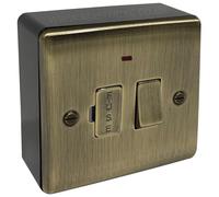 Antique Brass Switched Fused Spur with Neon & 32mm Black Surface Pattress Back Box