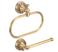 Antique Brass Toilet Paper Holder Set, Oval Hand Towel Ring with Exquisite Carved Pattern, Wall-Mounted Vintage Bathroom Hardware Accessory for Home, Hotel Washroom Decor