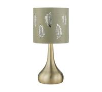 Antique Brass Touch Operated Table Lamp or Bedside Light, Modern Design, Height 33cm, Sage Green Fern Shade, LED Compatible