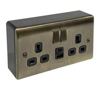 Antique Brass USB Double Socket 12W Type A&C & 32mm Black Surface Pattress Back Box