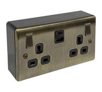 Antique Brass USB Double Socket 22W Type A&C & 32mm Black Surface Pattress Back Box