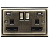 Antique Brass USB Double Wall Plug Socket 2 Gang 13A with 2 USB Charger Port Outlets Socket Plate BE776KME