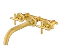 Antique Brass Widespread Bathroom Faucet - Solid Brass Wall-Mounted Mixer Tap with 360° Swivel Spout Double Cross Handles & Rough-in Valve for Vanity Sink