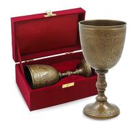 Antique Bronze Brass Chalice Goblet - 8.45 oz Handcrafted Wine Cup with Ornate Floral & Heart Engraving | Vintage Religious Drinking Goblet with Velvet Gift Box for Temple Ritual, Home Decor