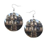 Antique Building Prints Leather Round Earrings Pendant Stylish And Light Lightweight Dangle For Women Girls, One Size, Leather, No Gemstone