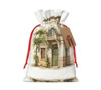 Antique Building With Roman Olive Branch And Greek Print Christmas Gift Bags,Santa Wrapping Bag,Christmas Canvas Gift Bags With Drawstrings,Present Bag