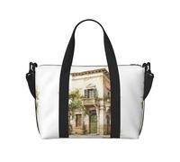 Antique Building with Roman Olive Branch and Greek print Gym Bag for Women,Carry on Weekender Overnight Duffle Bag,Personal Item Tote Bag, Black, One Size