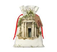 Antique Building with Roman Olive Branch and Greek print Large Christmas bag, reusable drawstring linen packet, Birthday Parties Supplies