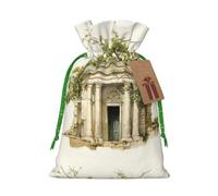 Antique Building with Roman Olive Branch and Greek print Large Christmas bag, reusable drawstring linen packet, Birthday Parties Supplies