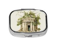 Antique Building with Roman Olive Branch and Greek Print Pill Case Portable Square Pill Box with 2 Compartments,for Purse Pill Box Travel Bag