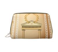 Antique Building with Roman Olive Branch and Greek Print Premium Leather Toiletry Travel Pouch with Waterproof Portable Pouch Open Flat Makeup Bag