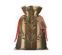 Antique Building with Roman Olive Branch and Greek Printed Christmas Drawstring Bags for Christmas Party Xmas Gift Wrapping, Red Ribbon, S