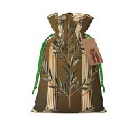 Antique Building with Roman Olive Branch and Greek Printed Christmas Drawstring Bags for Xmas Gift Wrapping, Green Christmas Ribbon, S