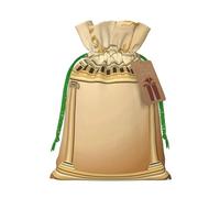 Antique Building with Roman Olive Branch and Greek Printed Christmas Drawstring Bags with Green Christmas Ribbon - Reusable Burlap Drawstring Gift Pouches, M